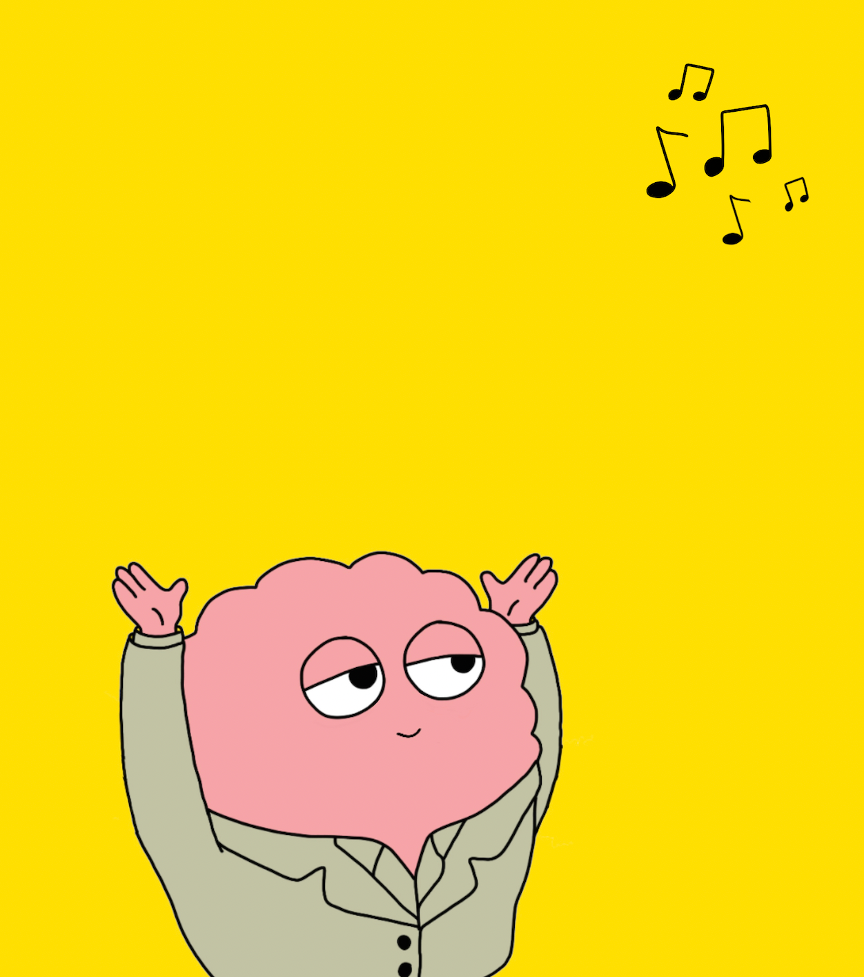 Brain character cheering with musical notes